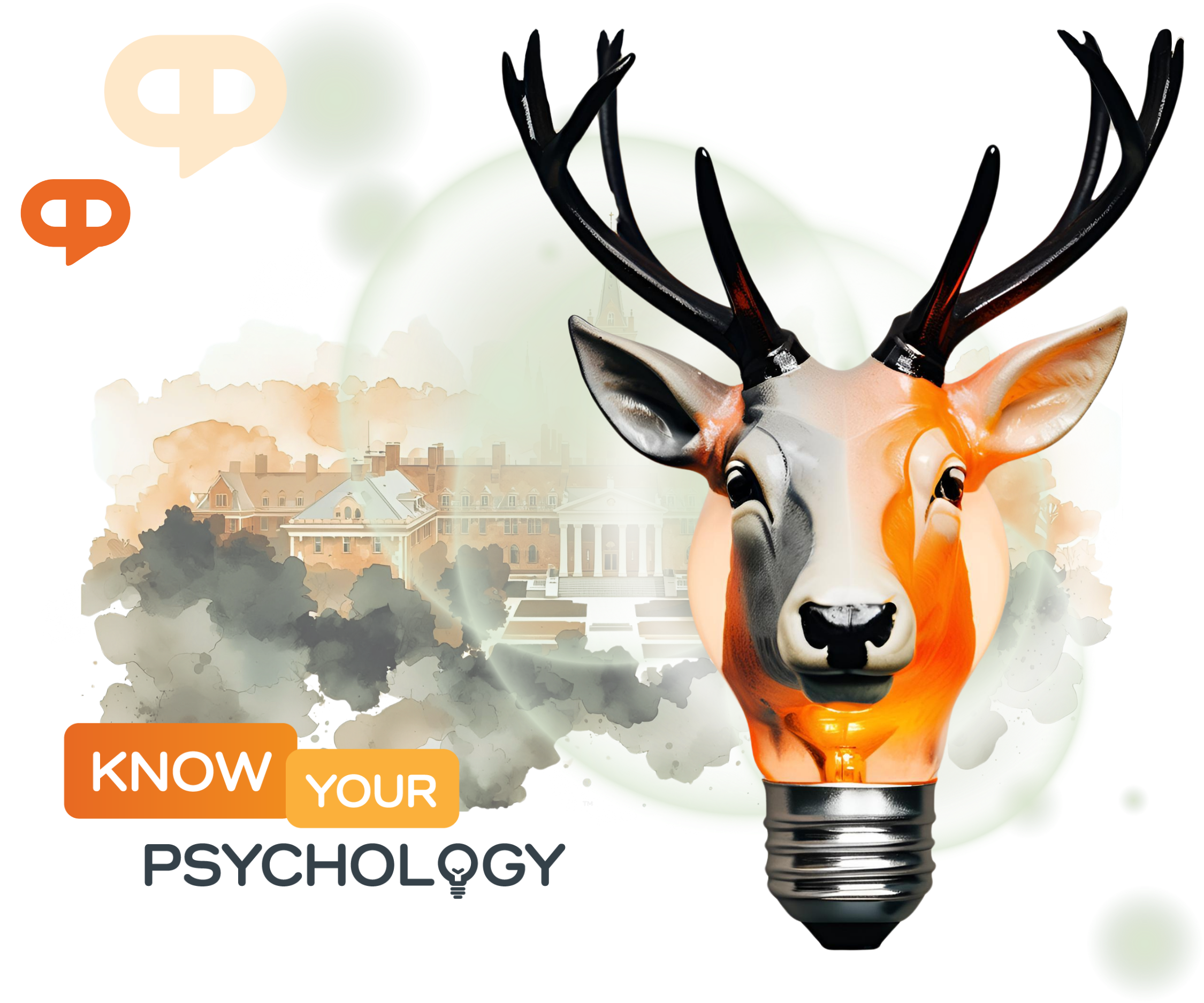 Achology School for Personal Growth and Self-Improvement banner with deer lightbulb and antlers in orange and grey