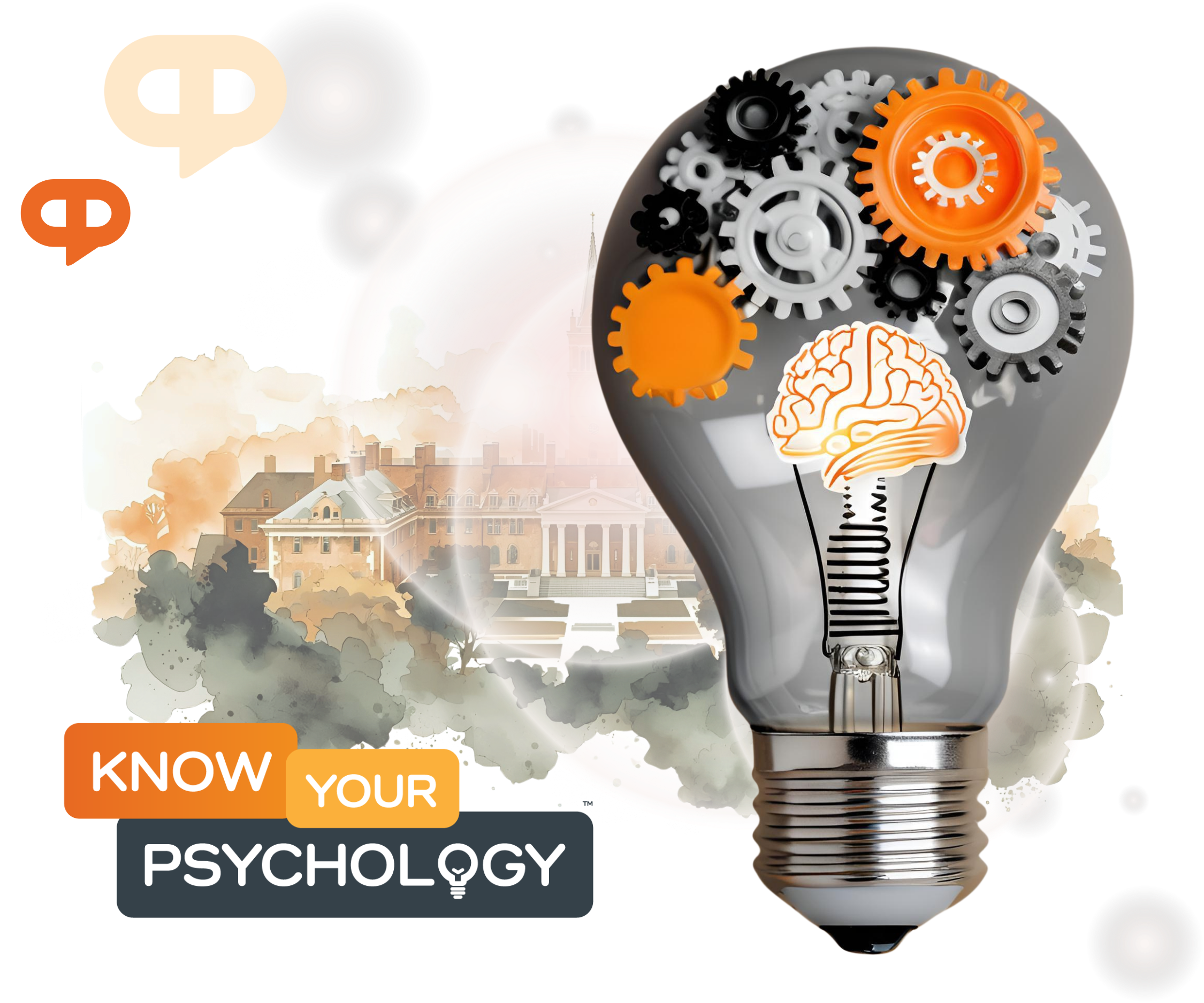 Banner artwork for Achology’s School for Personal Growth and Self-Improvement featuring a deer head inside a lightbulb with antlers, speech bubbles, and a soft watercolour campus background in Achology’s orange, grey, cream, and black palette.