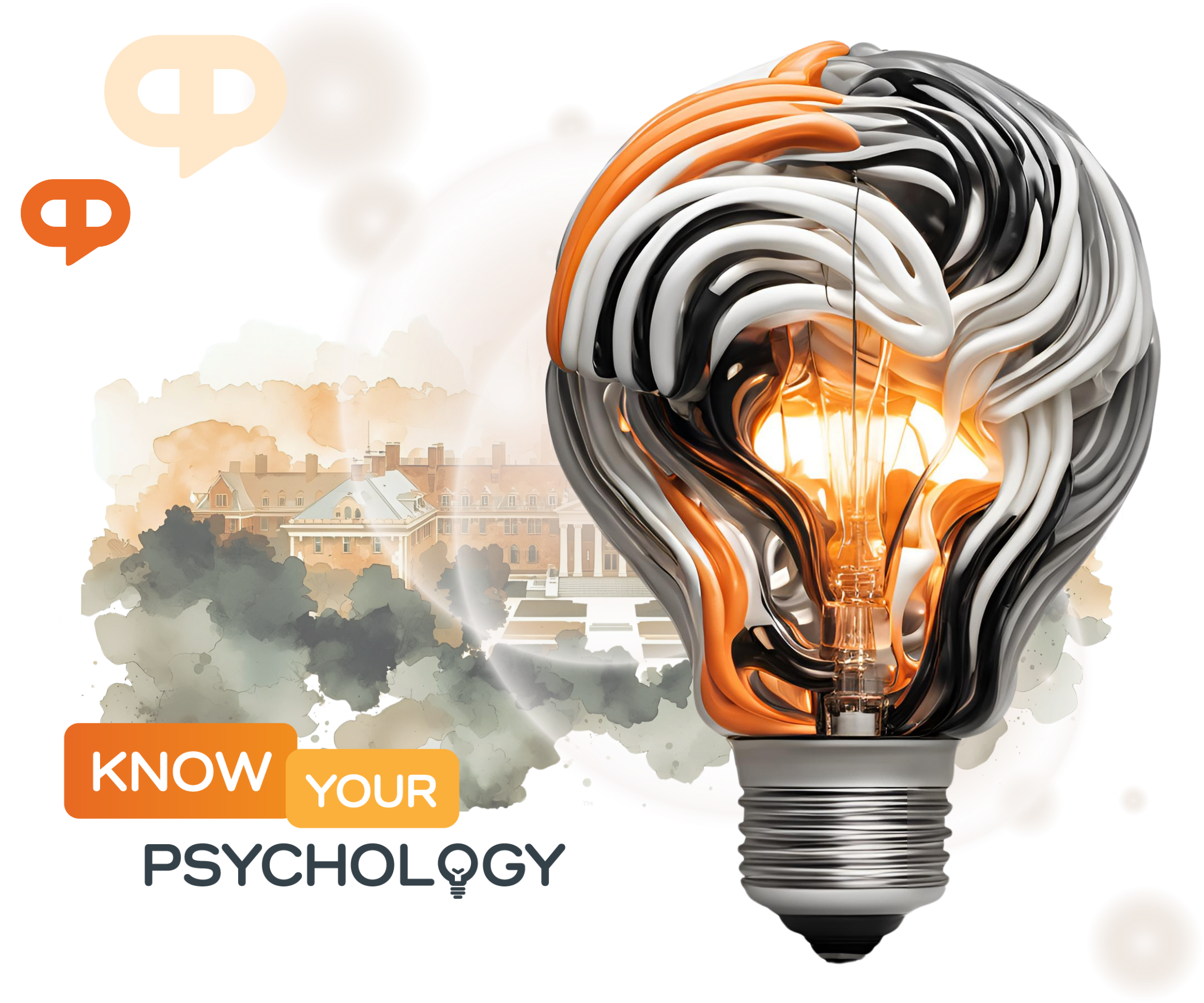 Achology School of Mental Health, Wellness and Emotional IQ banner with abstract ribbon lightbulb and warm orange glow