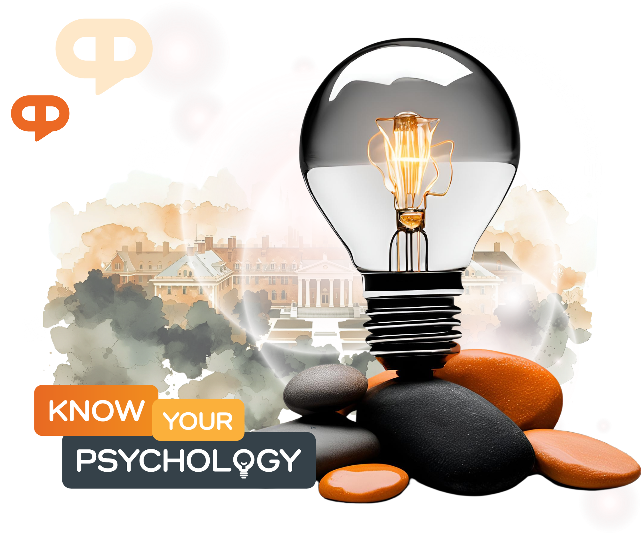 Achology School of Mindfulness, Applied Insight and Wisdom banner with lightbulb resting on stacked stones in orange and grey